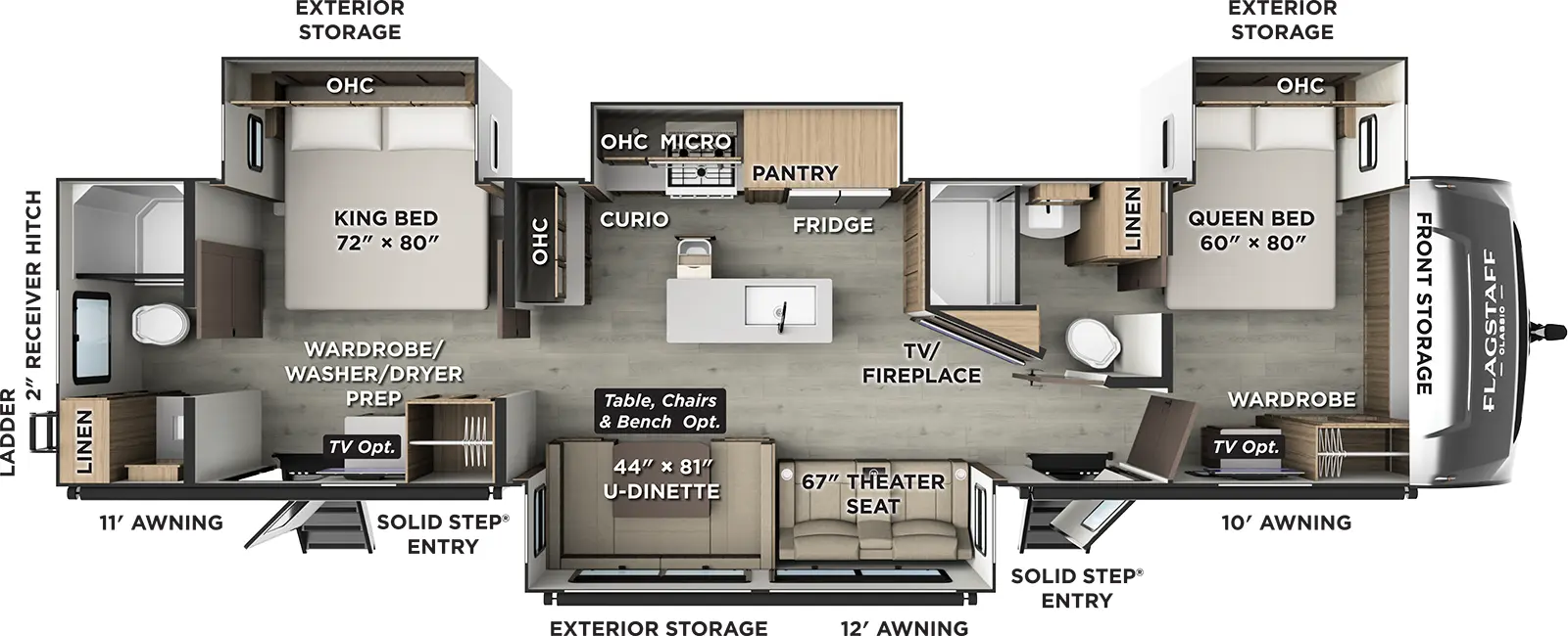 The Flagstaff Classic Travel Trailers 842DB floorplan has two entries and four slide outs. Exterior features include: fiberglass exterior, 11' and 12' & 10' awning. Interiors features include: kitchen island, u-dinette, front bedroom, two bedrooms, rear bathroom and two full bathrooms.